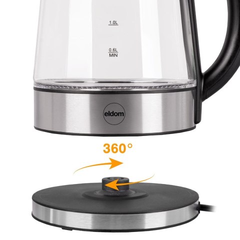 ELDOM SZKLANY CZAJNIK BEZPRZEWODOWY C420 KETTY 1850-2200W 1,7L FILTR SIATKOWYPODŚWIETLANY ZBIORNIK, PŁYTA GRZEJNA